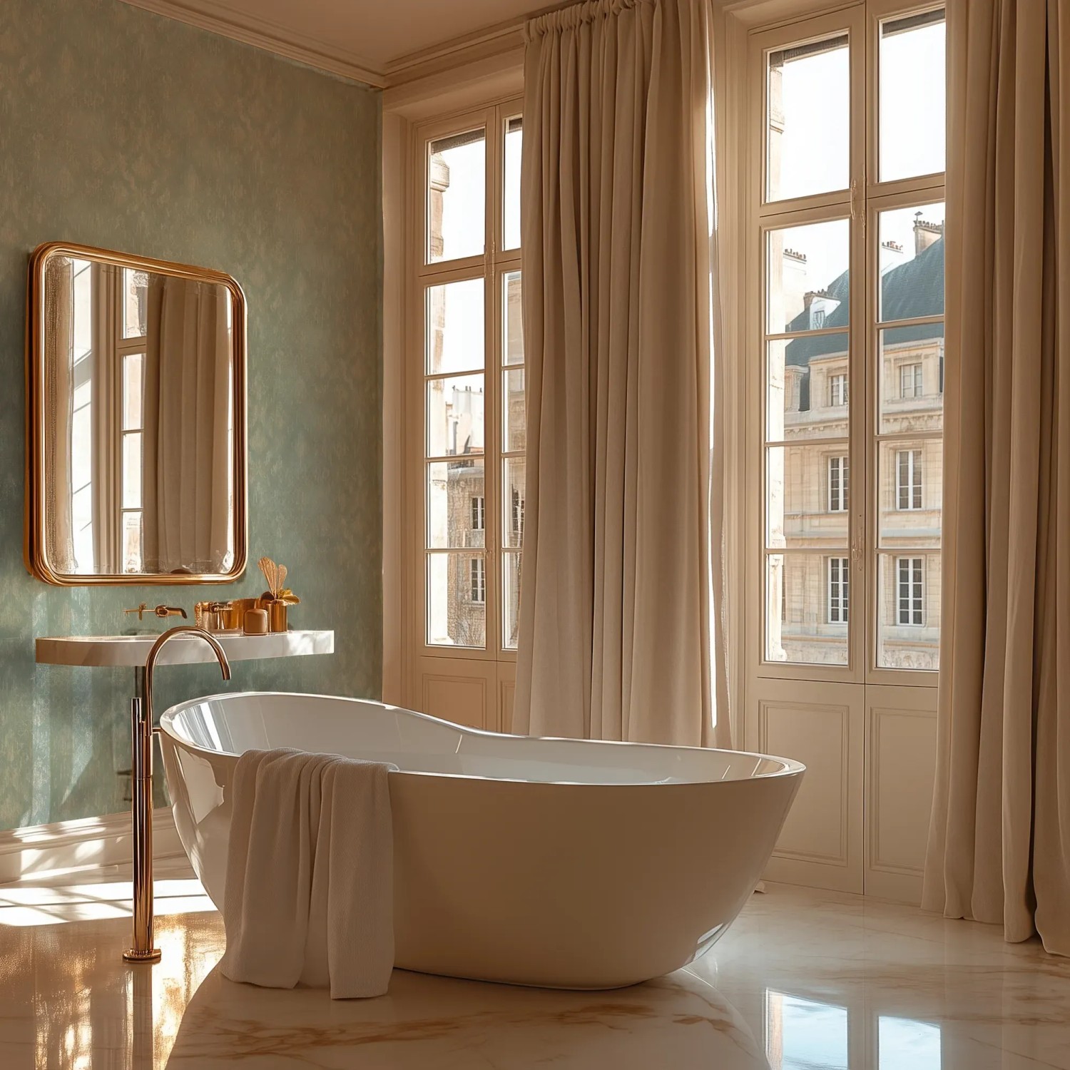 Badezimmer mit A.S. Creation Vliestapete Ornament in Grün-Gold, klassisch und stilvoll.