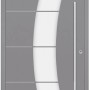 Moderne silbergraue Aluminium-Haustür mit satiniertem Glas und Edelstahlgriff.
