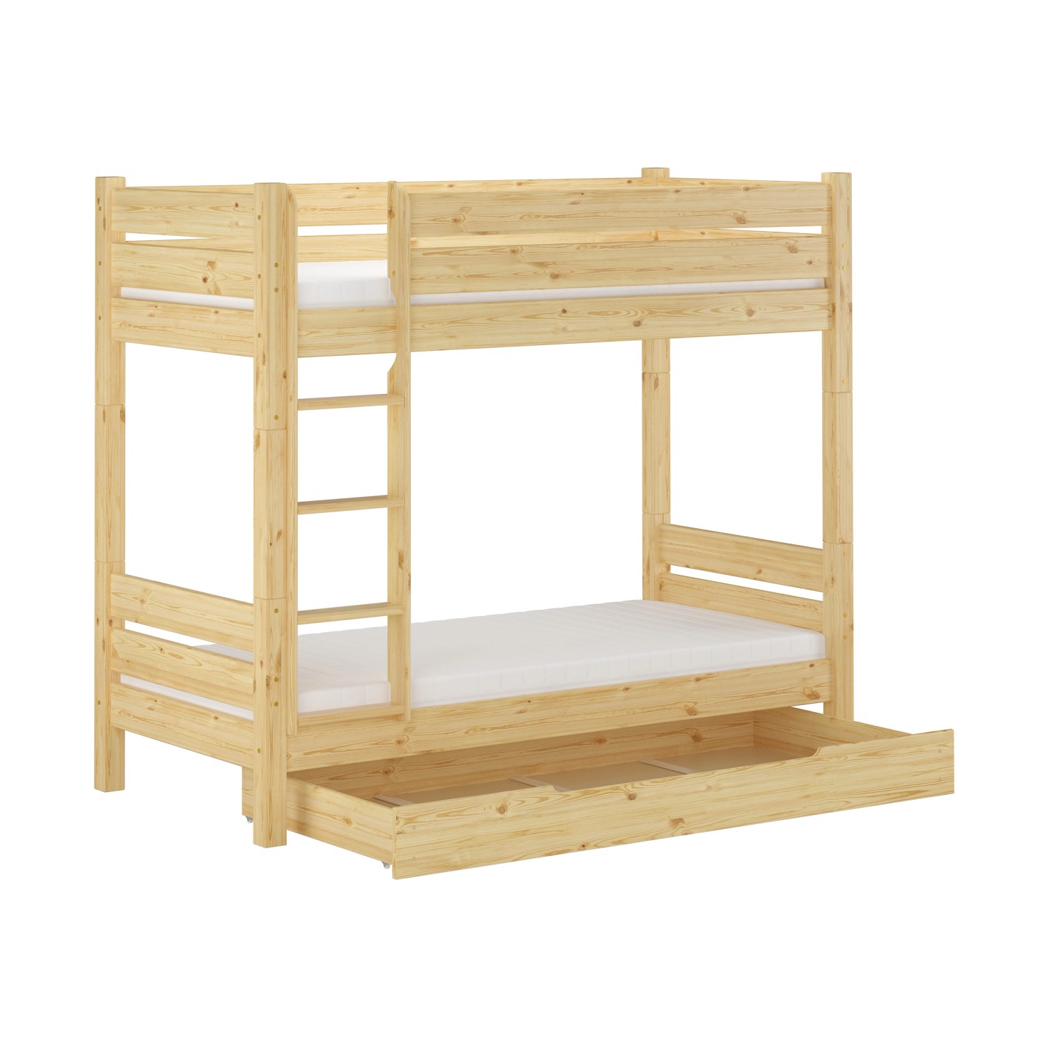 Extra stabiles Etagenbett aus Holz mit Rollrost und Bettkasten für Jugendzimmer und Erwachsene.