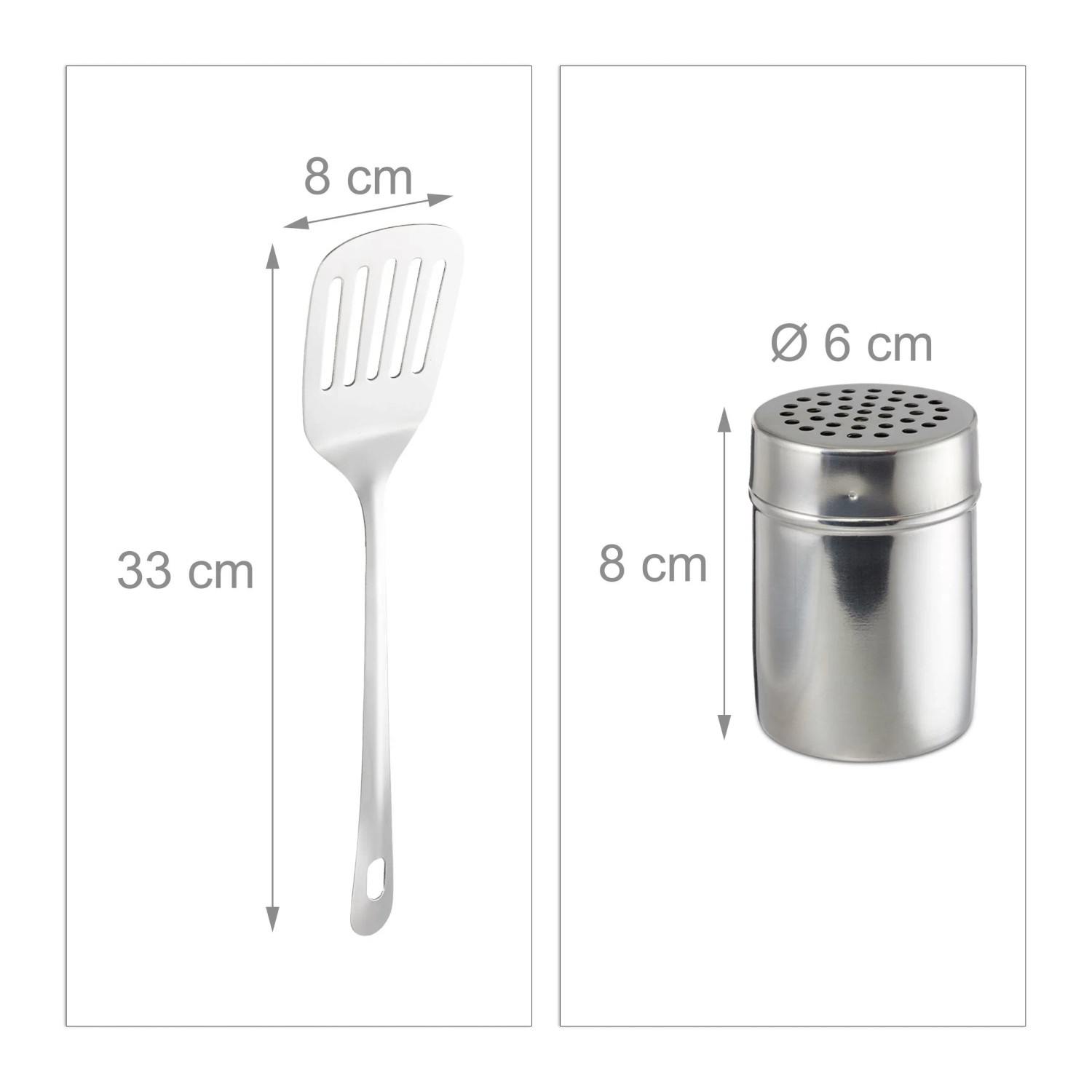Silberner Edelstahl Pfannenwender (33 cm) und Käsestreuer (8 cm) aus dem Relaxdays Auflaufform Set. Töpfe & Pfannen Zubehör.