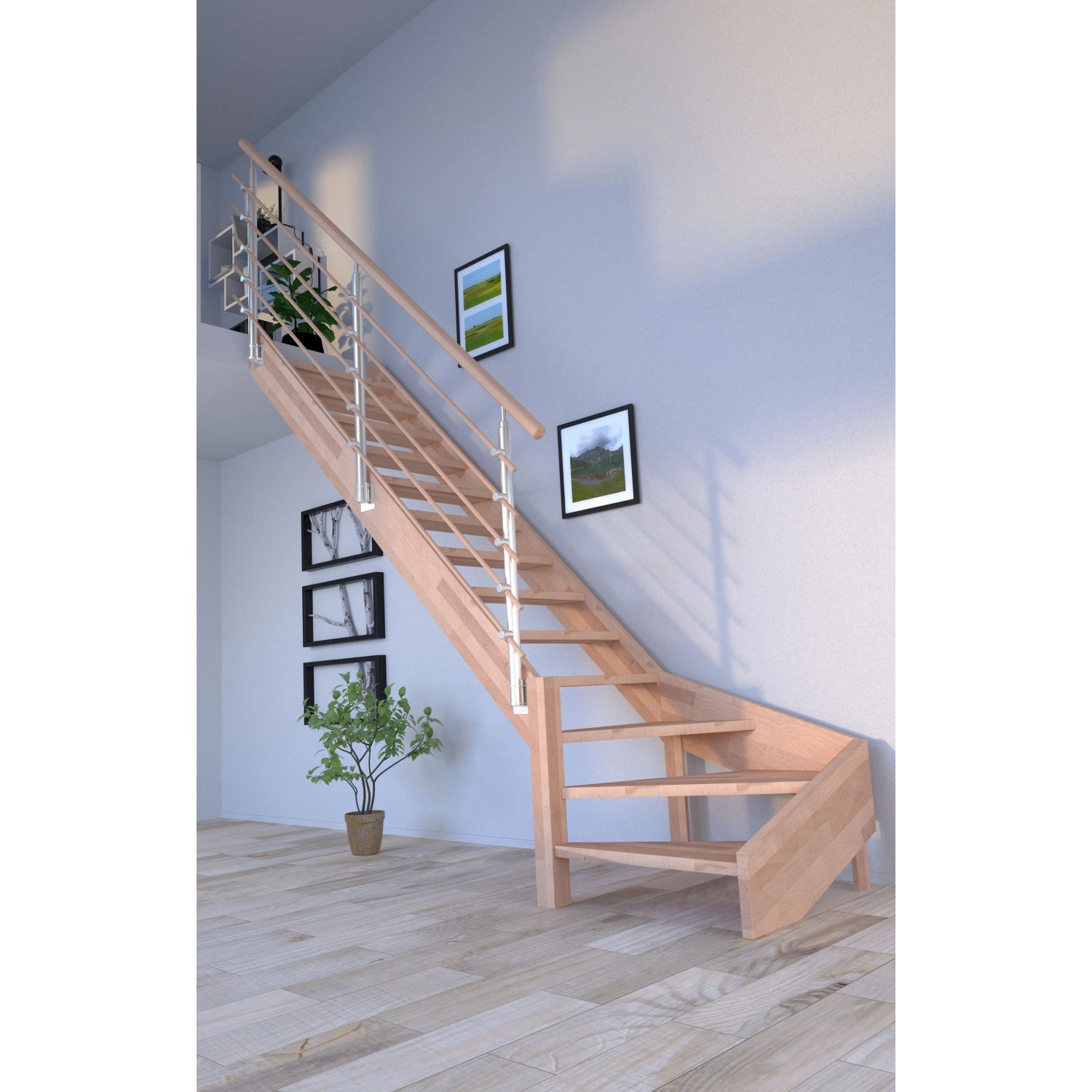 ¼ gewendelte Buchenholztreppe Mykonos Pro mit Design-Geländer und Holzstäben, unbehandelt.