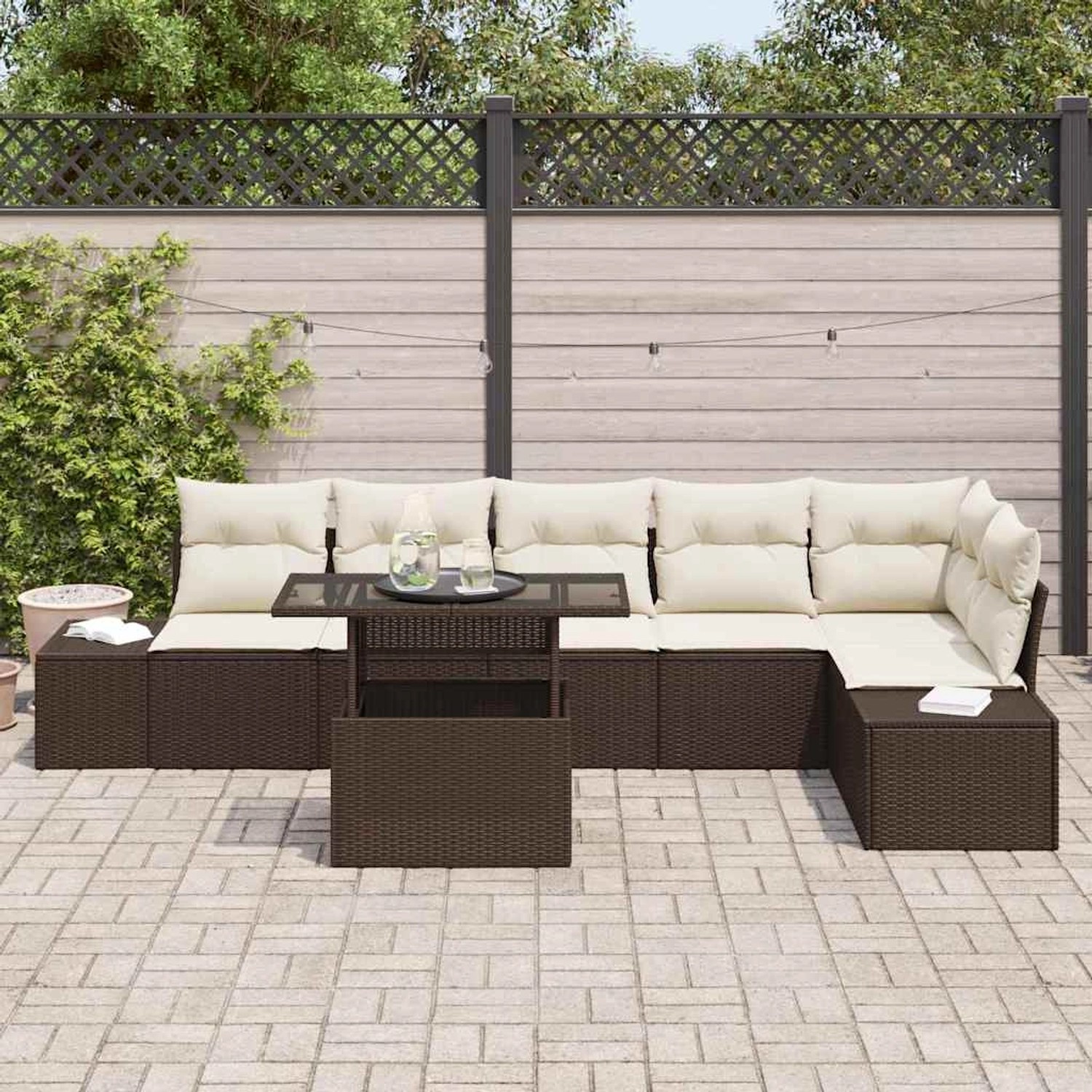 Braunes 7-tlg. vidaXL Garten-Sofa-Set aus Poly Rattan mit Stauraum und Tisch.