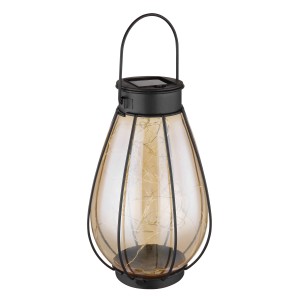 Schwarze, matte Globo Solarleuchte aus Metall, 30 cm, mit amberfarbenem Glas und LED-Lichterkette. Zum Stellen oder Hängen.