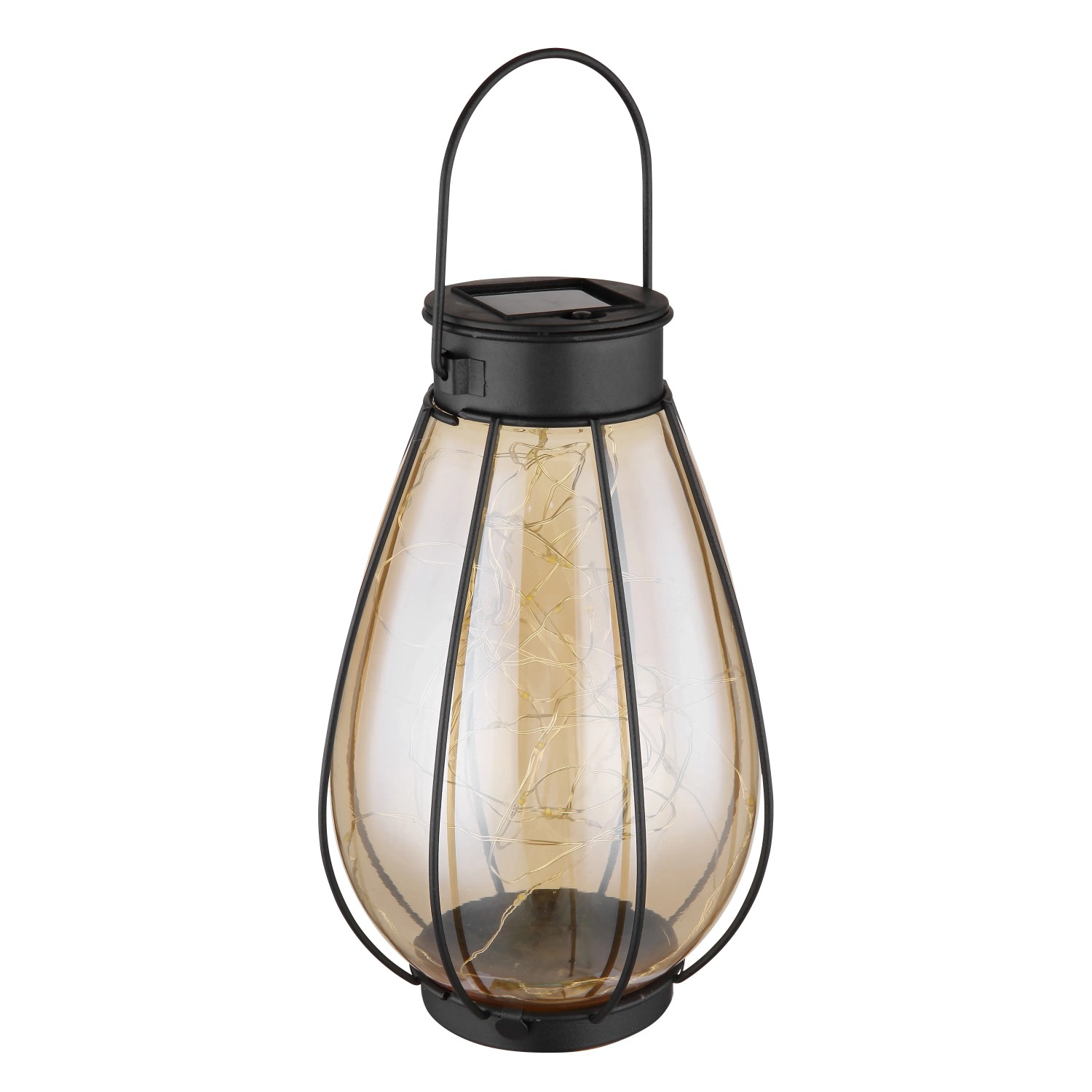 Schwarze, matte Globo Solarleuchte aus Metall, 30 cm, mit amberfarbenem Glas und LED-Lichterkette. Zum Stellen oder Hängen.