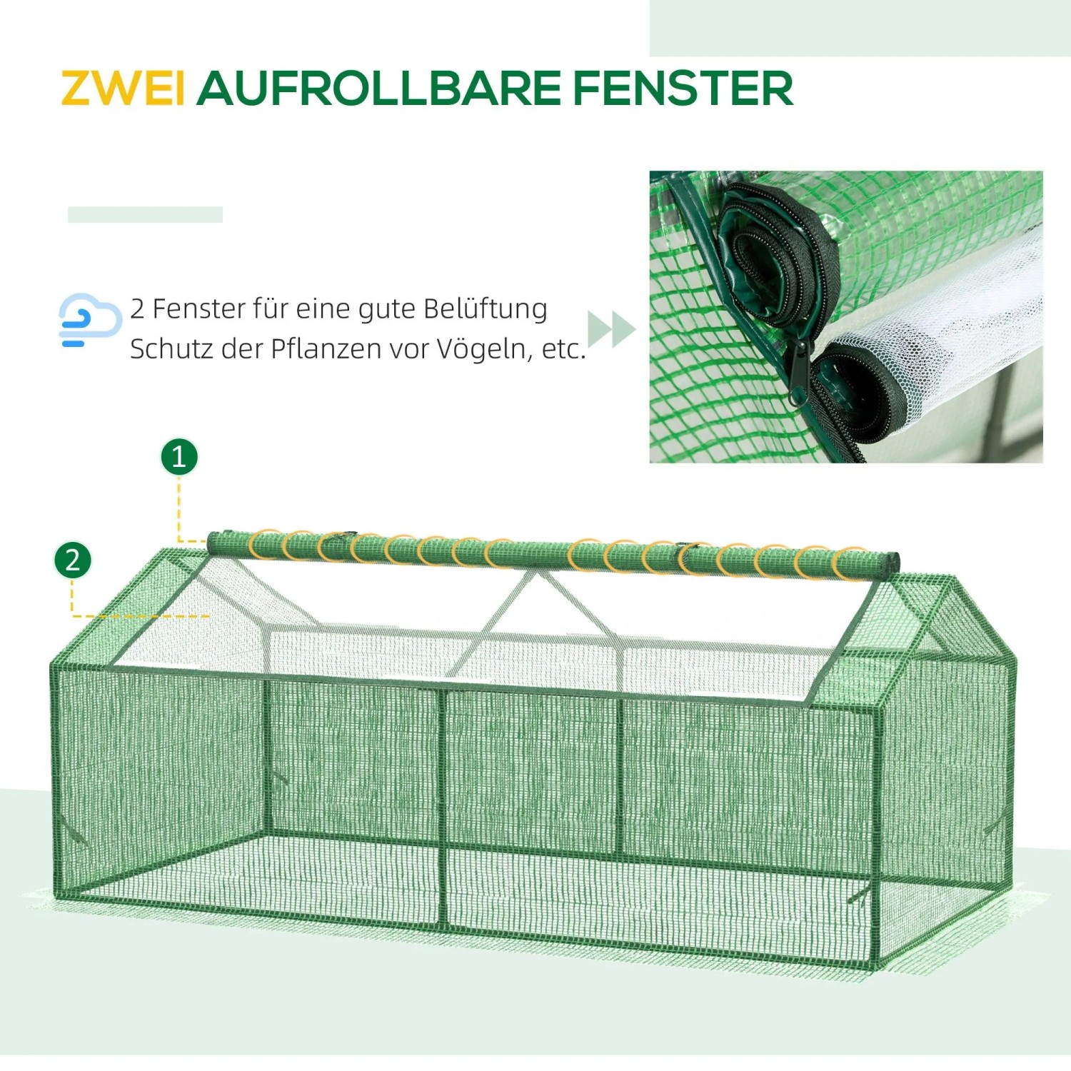 Grünes Furnicato Foliegewächshaus/Tomatenhaus 180x90x70 cm mit aufrollbaren Fenstern.