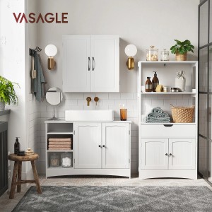 Weißer Vasagle Waschbeckenunterschrank (90x60x30cm) mit offenem Regal und Doppeltürschrank.