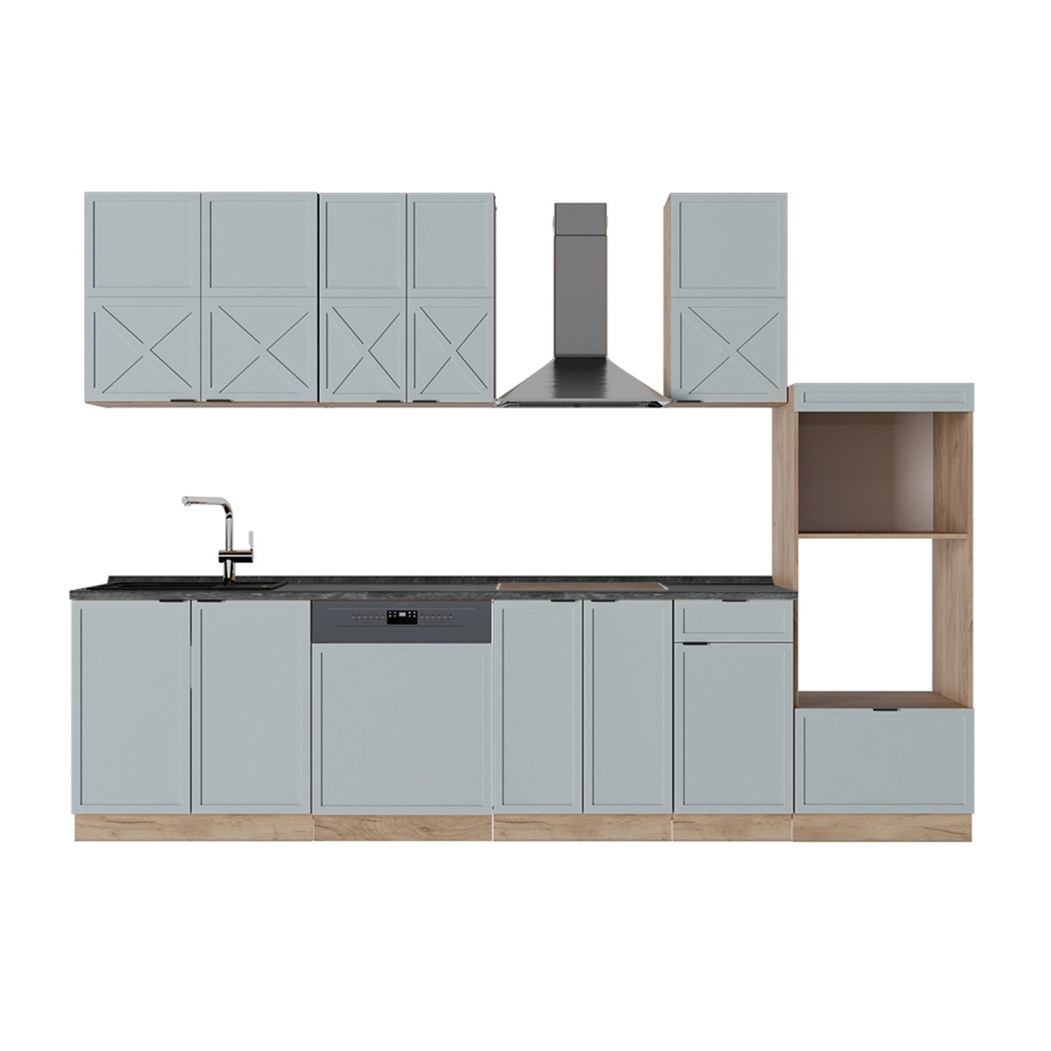Vicco Fame-Line Küchenzeile Hellblau-grau/Goldkraft Eiche 300 cm mit Hochsc günstig online kaufen