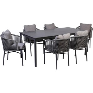 Greemotion Gartenmöbel-Set Calgary, 7-teilig, anthrazitfarben mit Tisch und Sesseln mit grauen Auflagen.