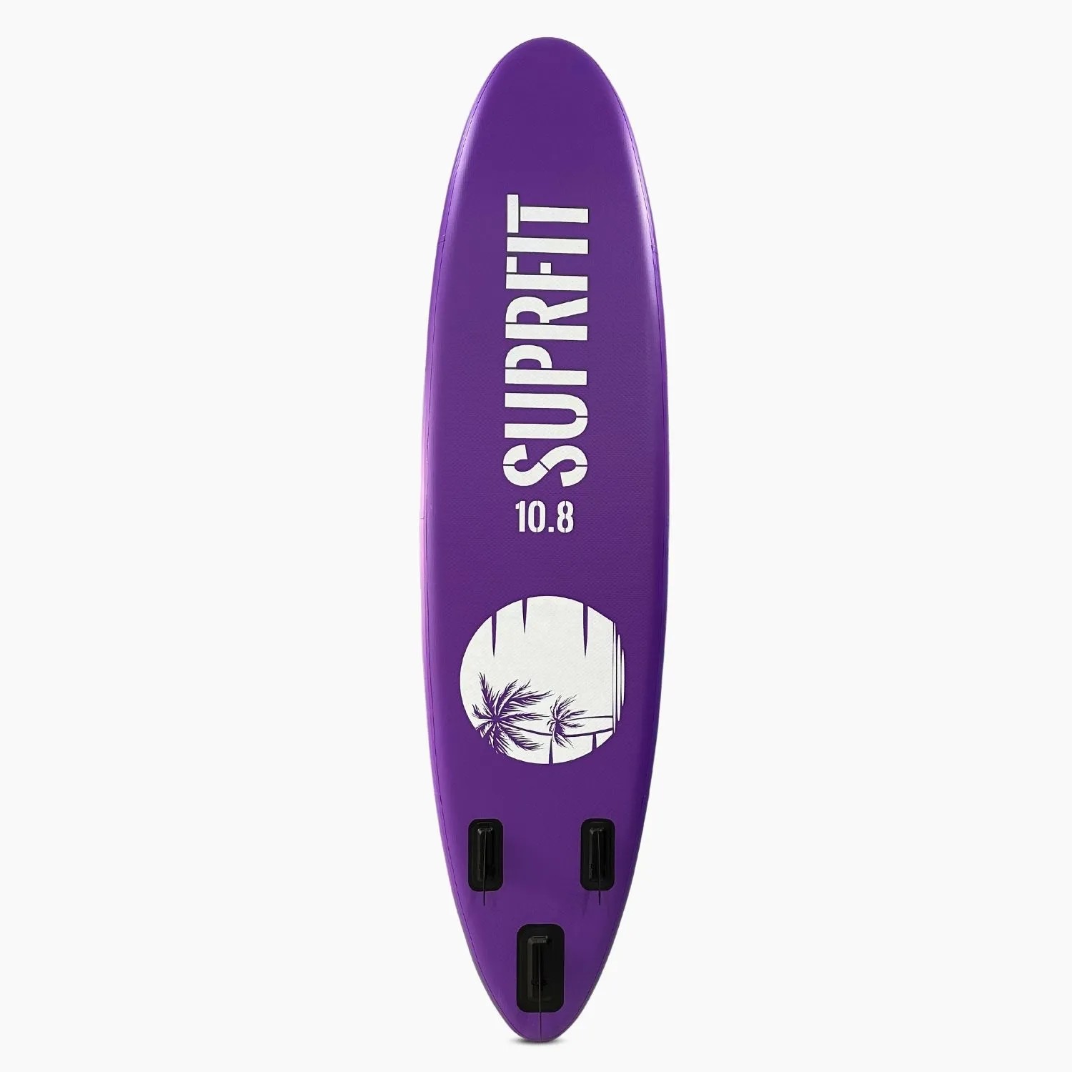 Lila Suprfit SUP Board Halia 10'8. Aufblasbares Stand-Up-Paddling Board mit Palmen-Design und Finnen.