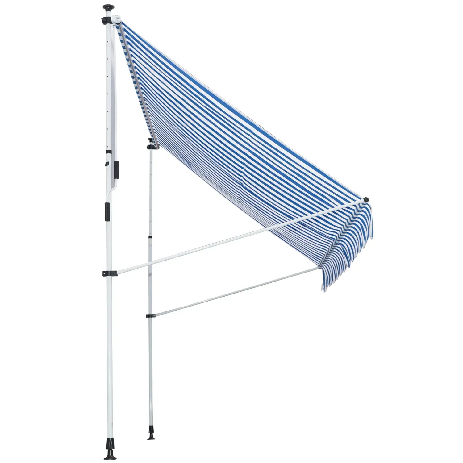 Outsunny Klemmmarkise, blau-weiß gestreift, mit Aluminiumgestell und Handkurbel.