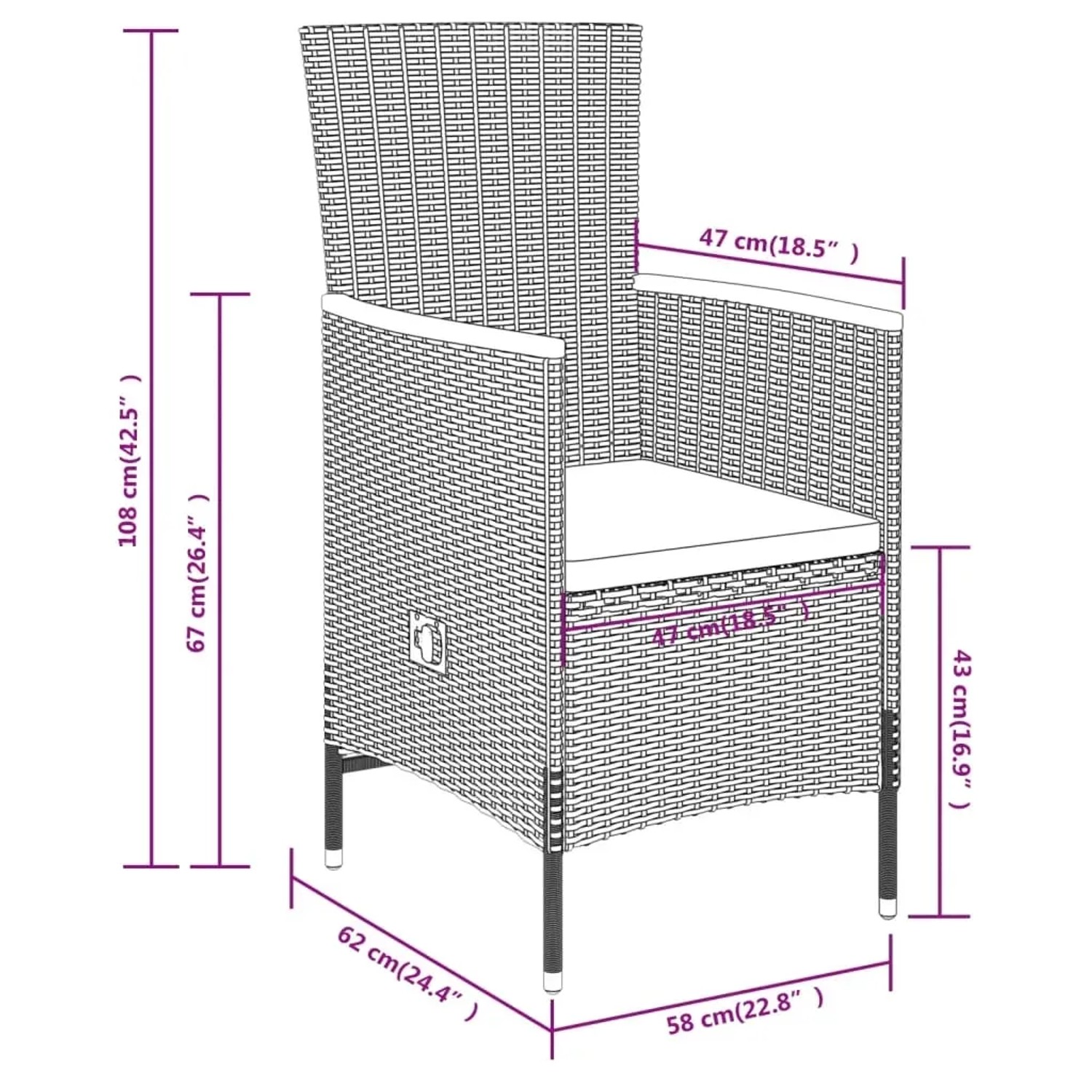 Abbildung eines Gartenstuhls der vidaXL 7-Tlg Essgruppe, aus Rattan in Schwarz mit cremefarbenem Kissen und Maßangaben.