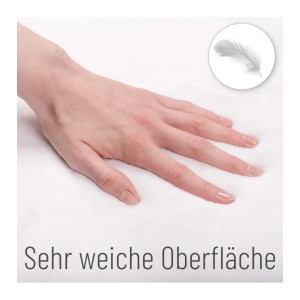 Hand auf flauschigem, lila Sanilo Badteppich 70x110 cm. Weiche Oberfläche.