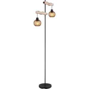 Globo Stehleuchte Paulo, 168 cm, Design-Lampe mit zwei amberfarbenen Glasschirmen und Holzdetails.