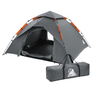 Graues Pop-Up Camping Zelt für 3-4 Personen mit orangefarbenen Stangen und Tragetasche. Wasserdichtes Schnellaufbau Zelt.