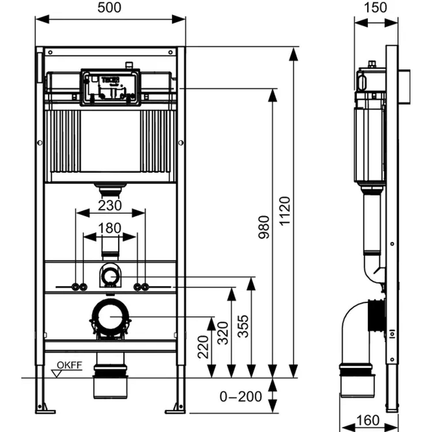 Technische Zeichnung WC-Set: Vorwandelement, Toilette, Betätigungsplatte mit Maßangaben.