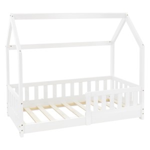 Weißes ML-Design Kinderbett 70x140 cm im Haus-Design mit Rausfallschutz und Lattenrost.