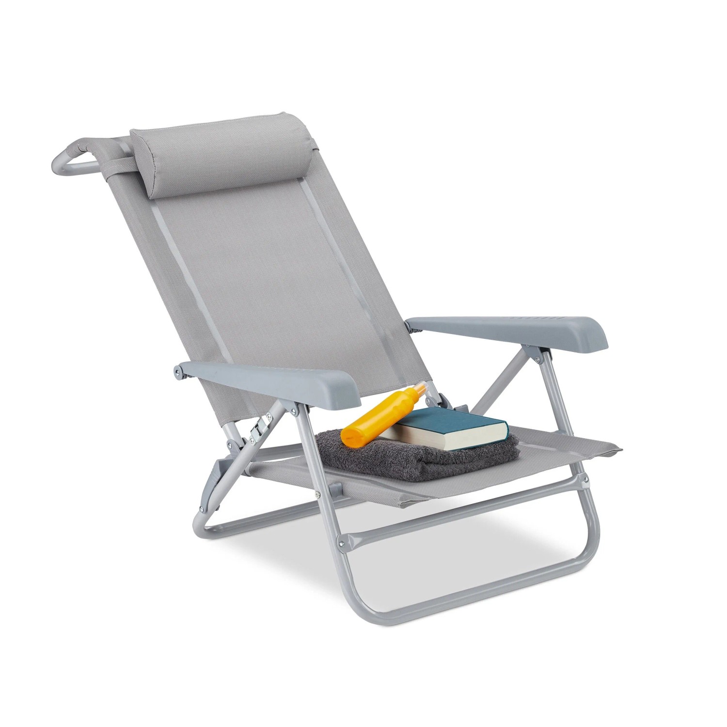 Relaxdays Liegestuhl Stahl Grau Klappbar 8-fach Verstellbar mit Nackenkissen 76,5 cm x 58 cm x 80 cm 3,9 kg