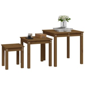 Satztische 3er Set, honigbraun, Kiefer massiv. Beistelltische im modernen Design für Wohn- und Schlafzimmer.