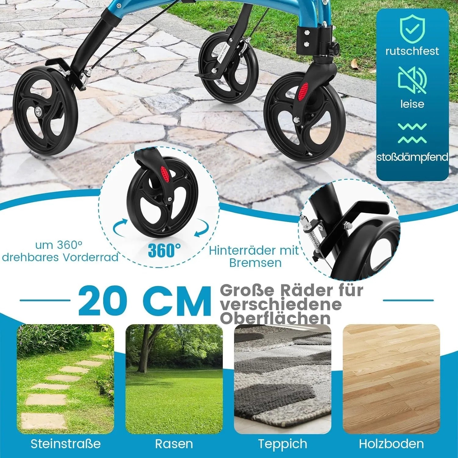 Costway Rollator Schmal Faltbar Gehhilfe 6-Fach Höhenverstellbar Blau_4