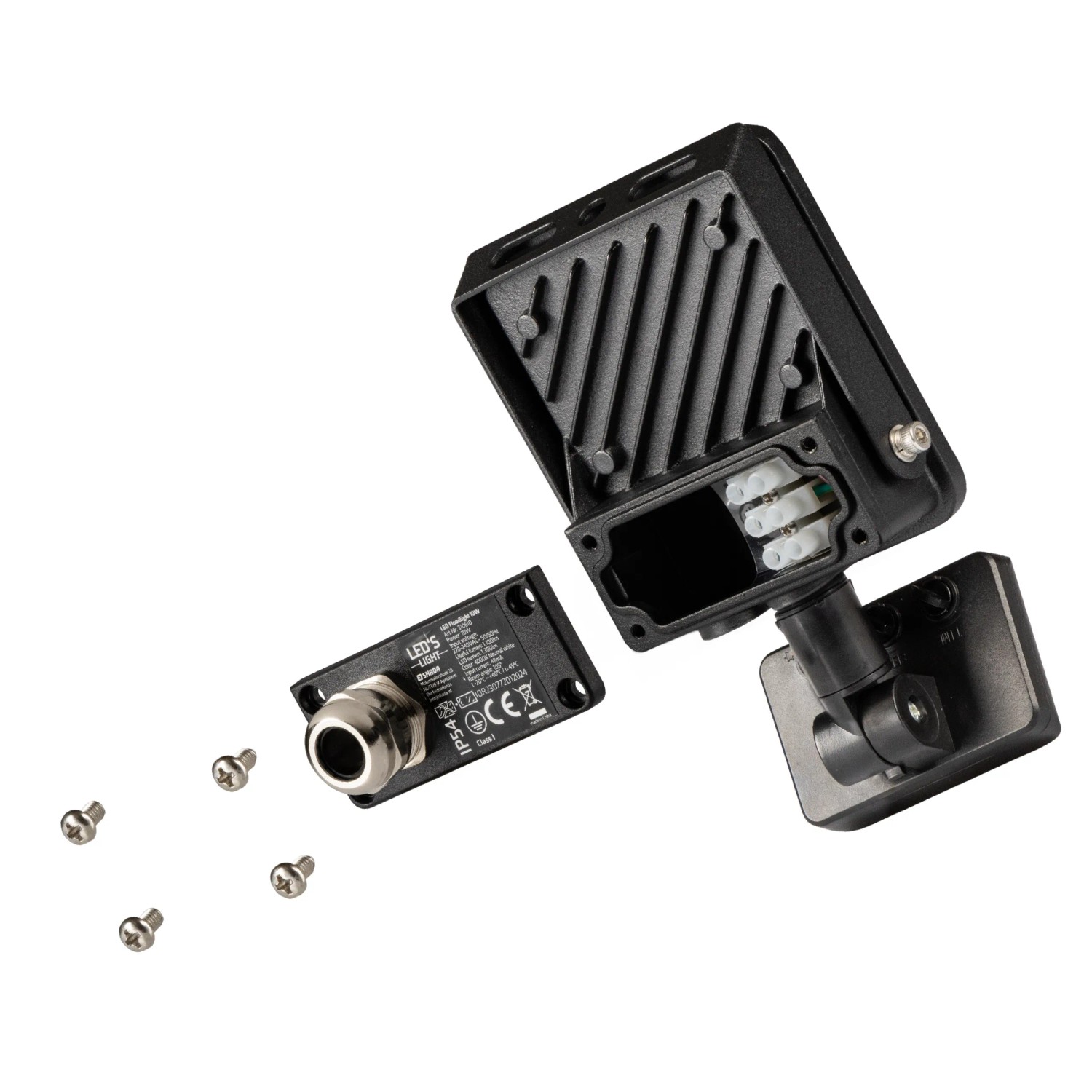 LED's Work Strahler 10W mit Sensor, schwarzer Außenstrahler mit Bewegungsmelder und Schrauben.
