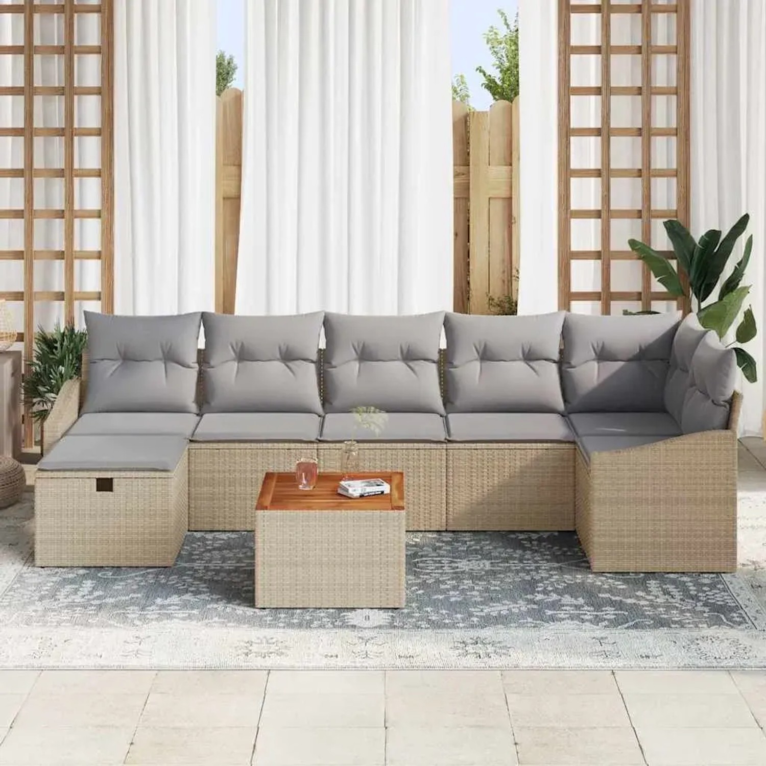 Beiges 8-teiliges vidaXL Garten-Sofa-Set aus Rattan mit Kissen und Stauraum.