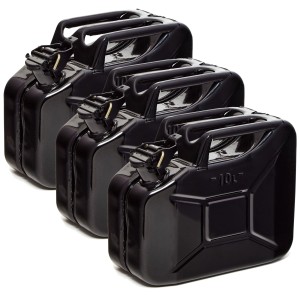 3 schwarze 10L Metall Kraftstoffkanister, Benzinkanister für Pannenhilfe & Erste Hilfe.