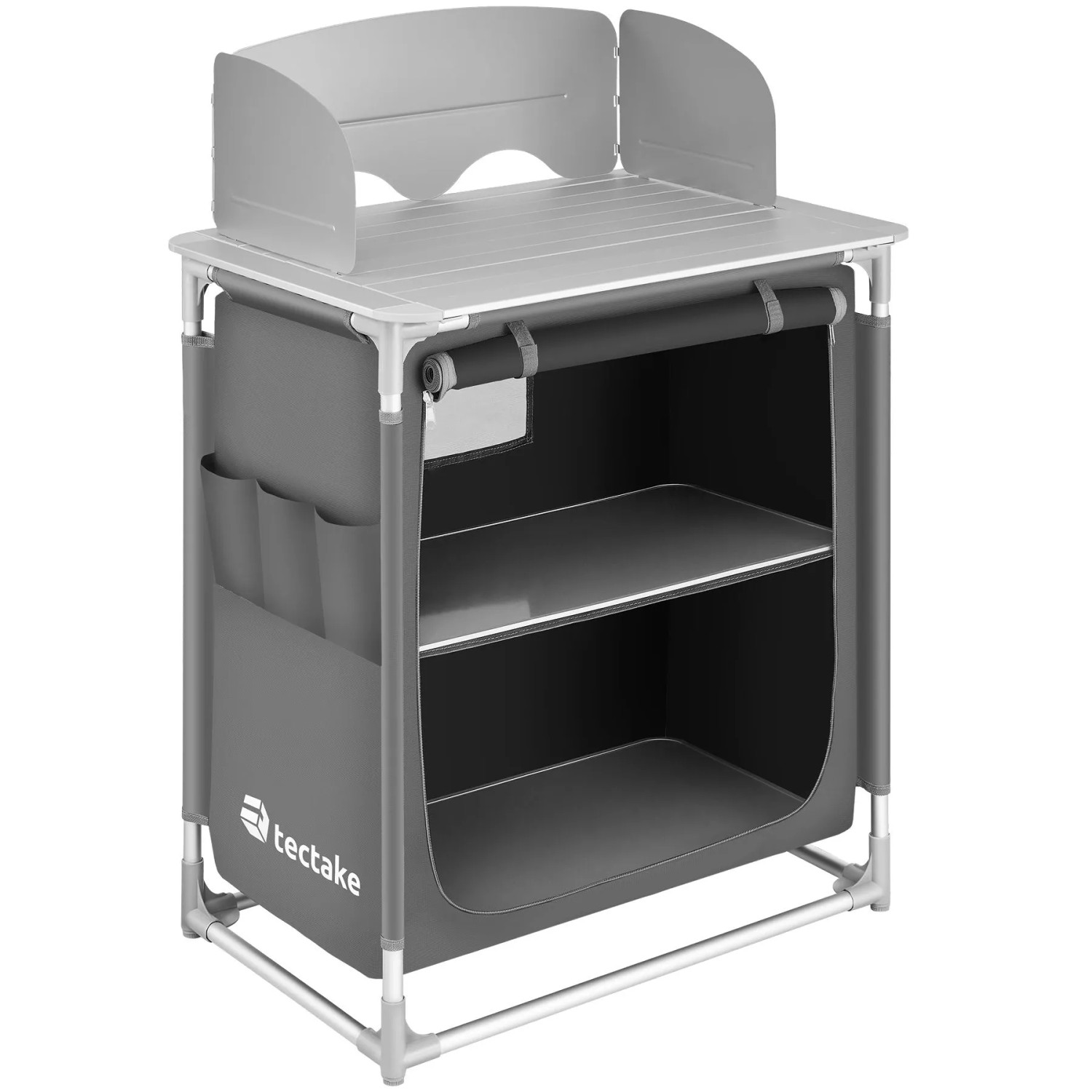 Tectake Campingküche Premium Mit Aluminiumgestell und 2 Fächern  Faltbar Wetterfest  76 x 53 50 x 107 cm Grau