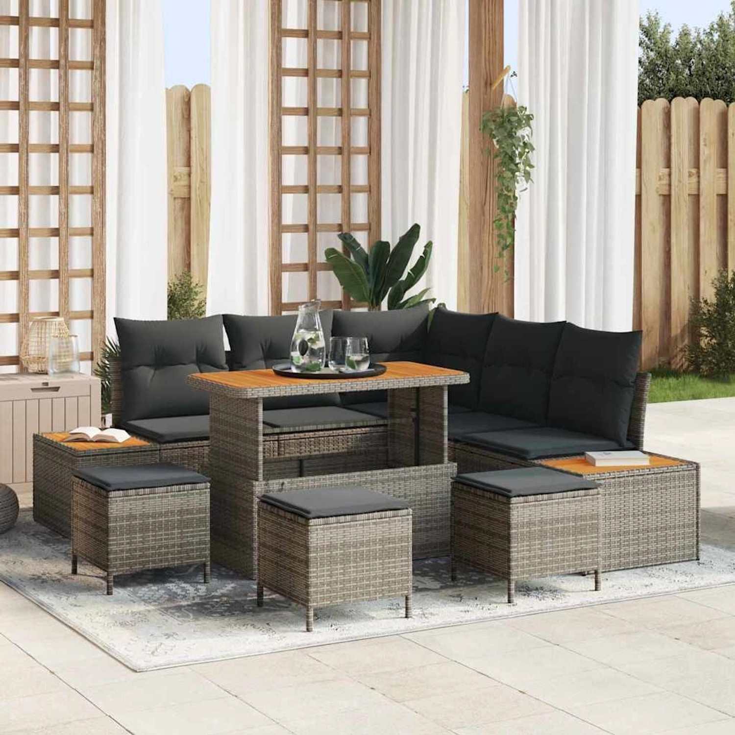 Graues 9-teiliges vidaXL Garten-Sofa-Set aus Polyrattan mit Tisch und Kissen.