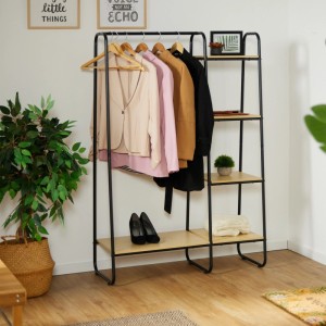 Relaxdays Garderobe mit Regal Metall Holzoptik Schwarz 150 cm x 100 cm x 41 cm