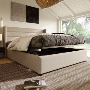 Beiges Polsterbett 180x200 mit Stauraum, Bettkasten und Lattenrost (ohne Matratze).