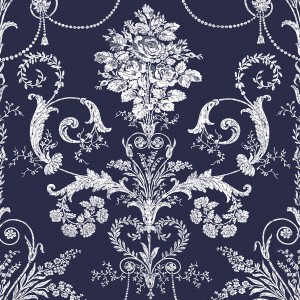 Laura Ashley Vliestapete Josette Midnight mit floralem Muster auf dunklem Grund.