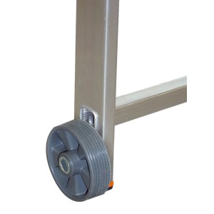 Detailaufnahme: Krause Kleingerüst mit Rollen. Aluminiumleiter mit grauer Rolle für einfachen Transport.