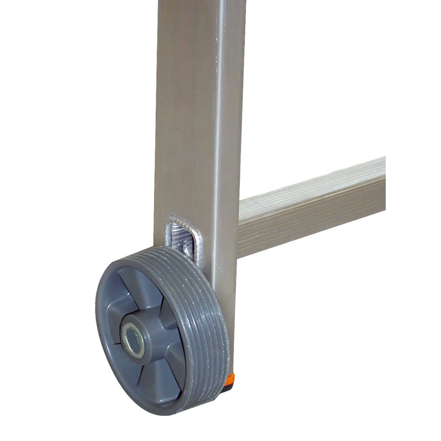 Detailaufnahme: Krause Kleingerüst mit Rollen. Aluminiumleiter mit grauer Rolle für einfachen Transport.