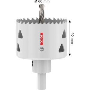 Weiße Bosch Lochsäge Multi Material, Ø 60 mm, 40 mm Tiefe, mit silbernem Bohrer und Sechskantschaft.