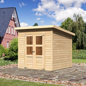Karibu Holz-Gartenhaus Neuenburg 2 aus Fichtenholz mit Doppeltür und Pultdach.