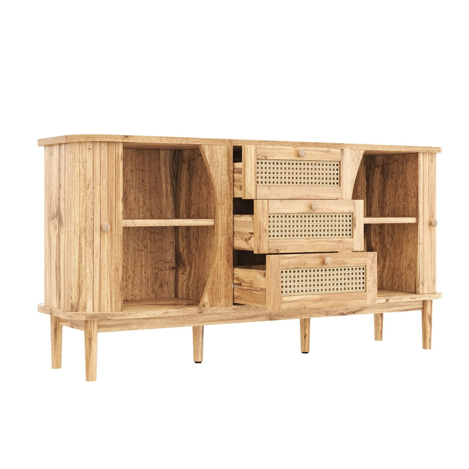Okwish Sideboard Mit Schiebetüren Einlegeböden Rattan Wohnzimmer 140.5x76x40cm Natur