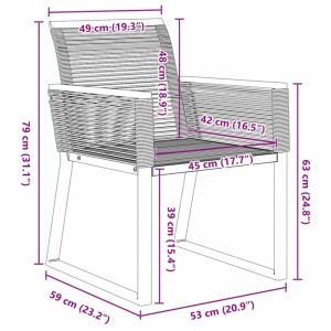 Skizze der vidaXL Garten Essgruppe, 3-teilig, schwarz, Poly Rattan, mit Maßangaben.