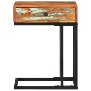 U-förmiger Beistelltisch aus Altholz mit Schublade und schwarzem Metallgestell, 45x30x61 cm.
