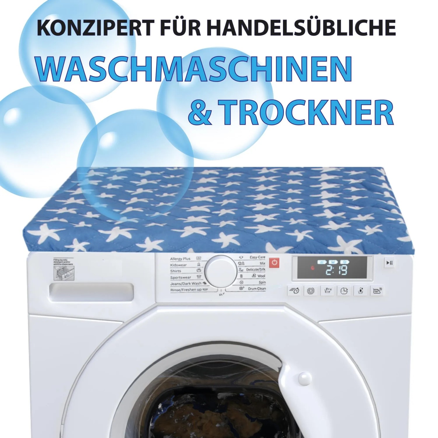 Bestlivings Waschmaschinenbezug Seestern Dunkelblau 60x60cm auf Waschmaschine.