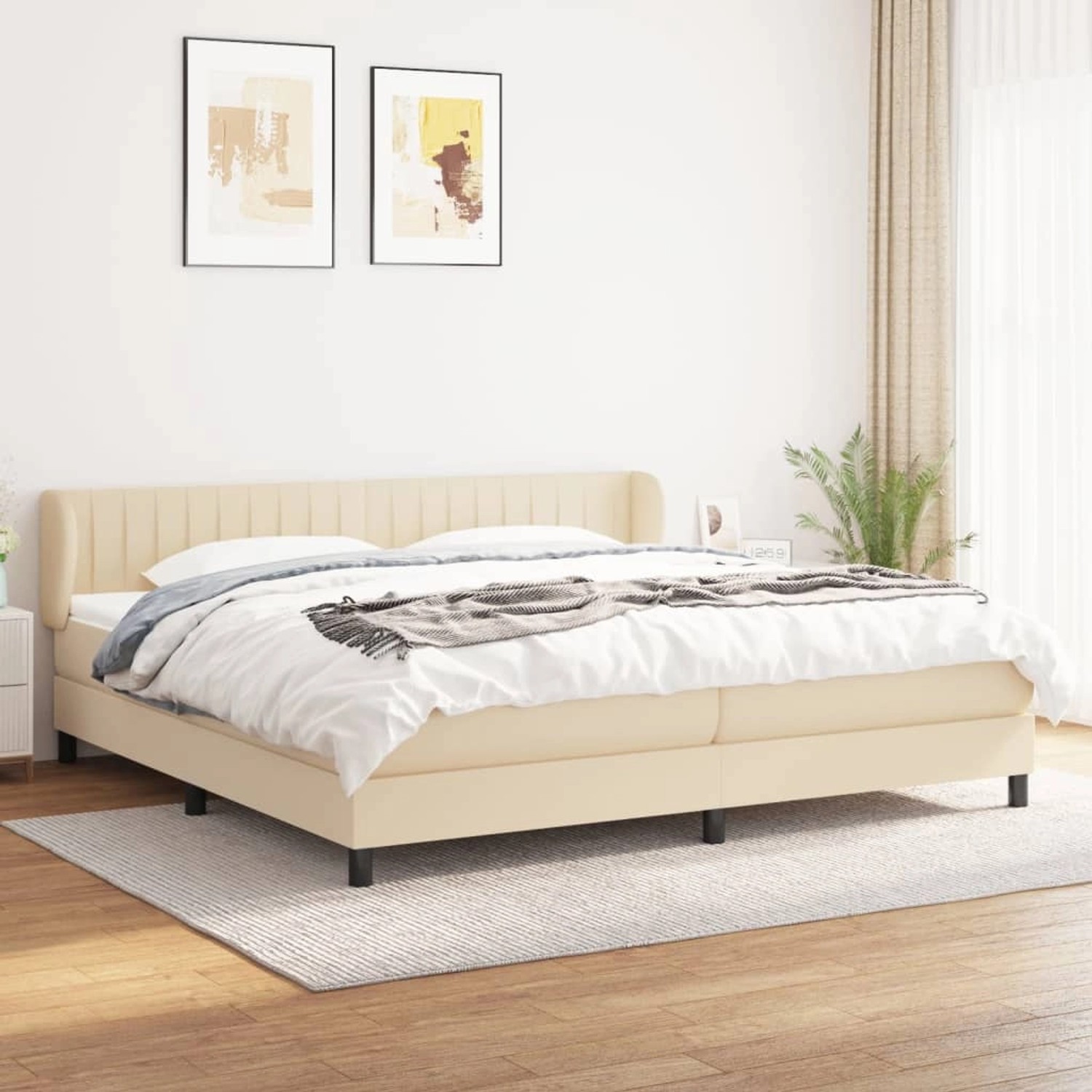 Cremefarbenes vidaXL Boxspringbett 200x200 cm mit Matratze und Stoffbezug.