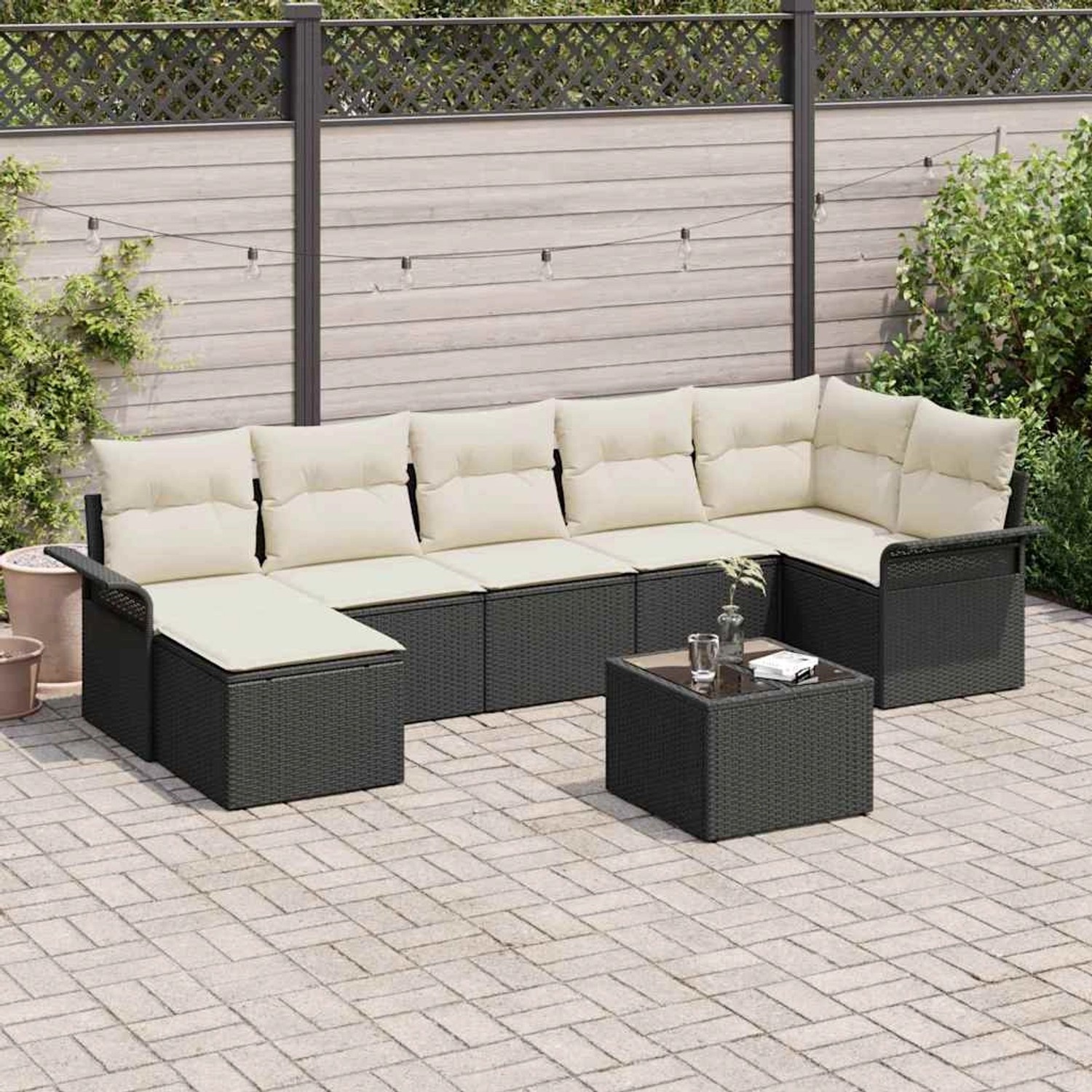 vidaXL Garten-Sofa-Set, 8-teilig, schwarz, Poly Rattan, mit Tisch und beigen Kissen.