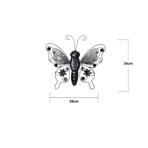 Schwarze LED-Solar-Wanddeko Schmetterling aus Metall mit Solarpanel, 39x34cm. Für Garten & Balkon, weisses Licht.