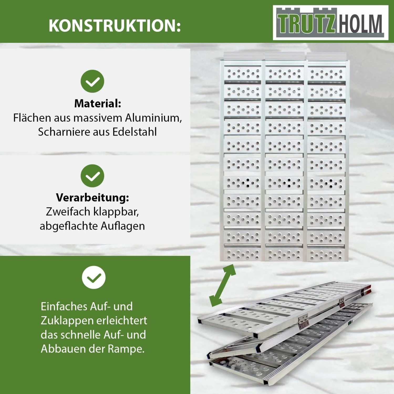 DREIBREIT Alu Auffahrrampe, 2-fach klappbar, für Anhänger, Details zu Material und Konstruktion.