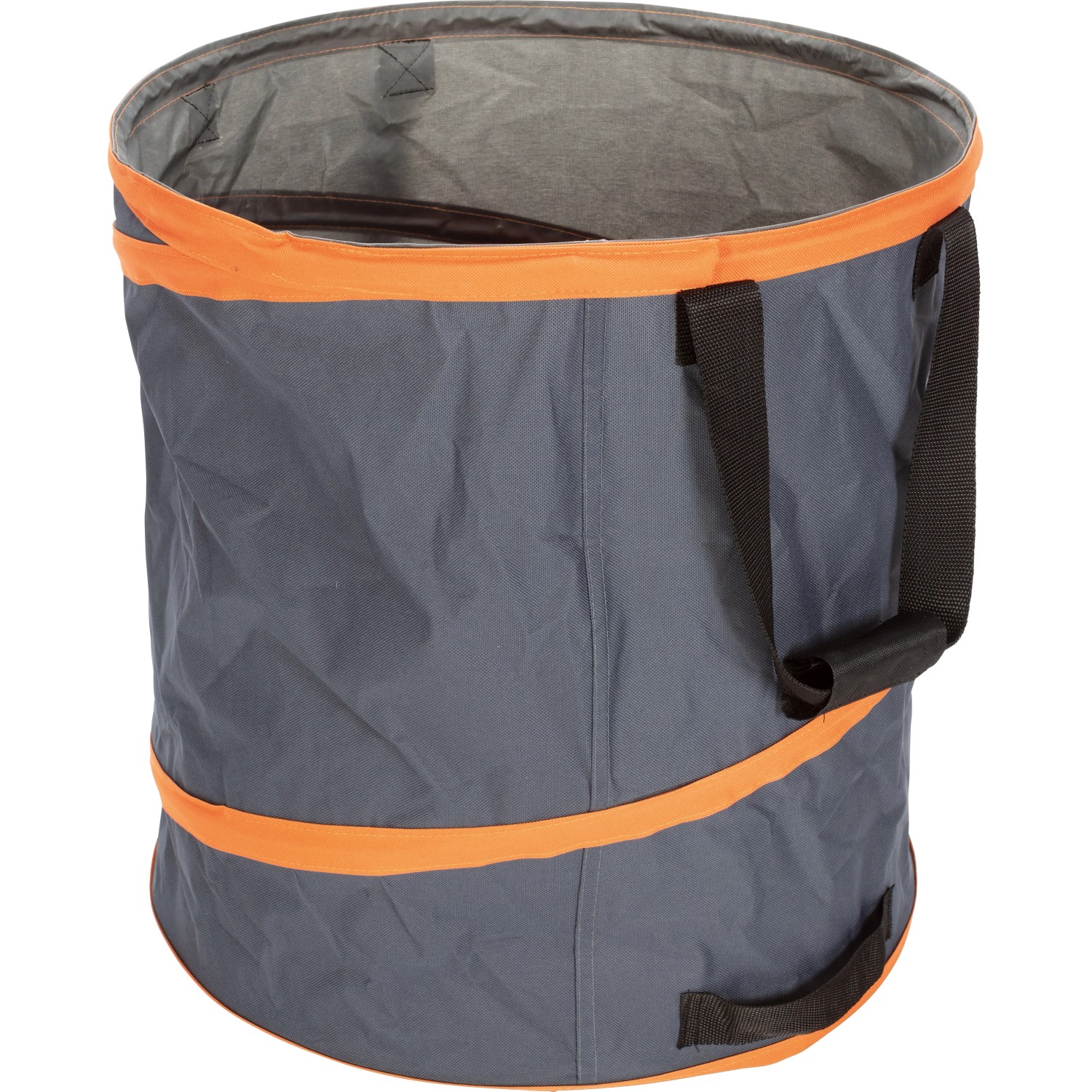 Gartenabfallsack Pop Up 3er-Set, grau mit orangefarbenen Akzenten und Tragegriffen.