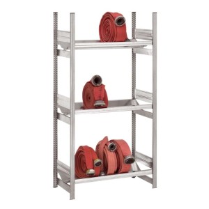 Verzinktes Feuerwehr Schlauchregal mit 3 Ebenen und roten Schläuchen.