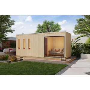 Karibu Saunahaus Huelva mit 9kW Ofen, naturbelassen, mit Vorraum und großen Fensterfronten im Garten.