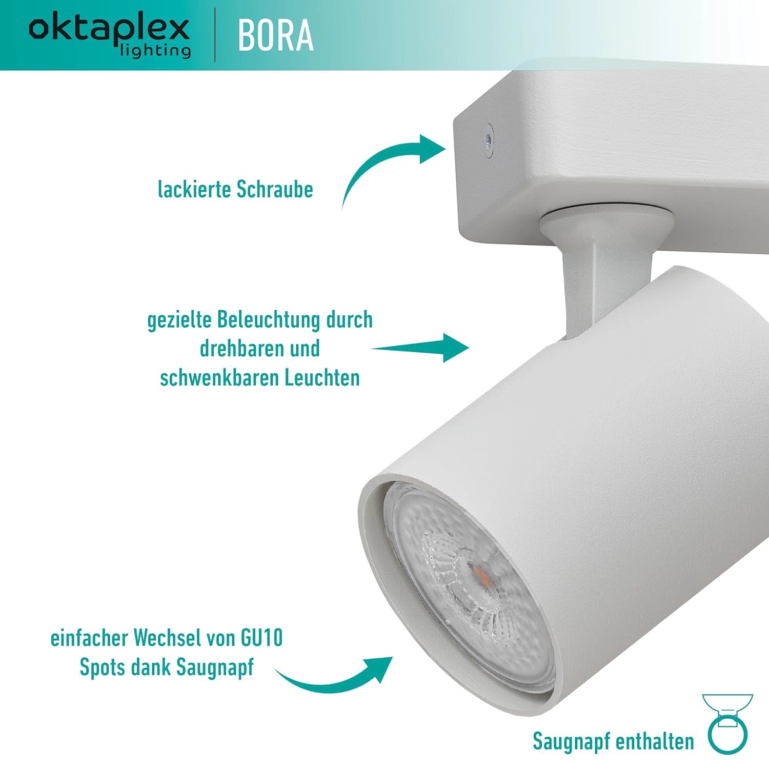 Oktaplex Bora Spotbalken, 3-flammig, weiß, aus Aluminium, dreh- und schwenkbar für GU10 Leuchtmittel.