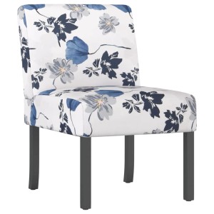 Blauer Polsterstuhl mit Blumenmuster, Stoffbezug, Holzbeine. Loungesessel für Wohnzimmer.