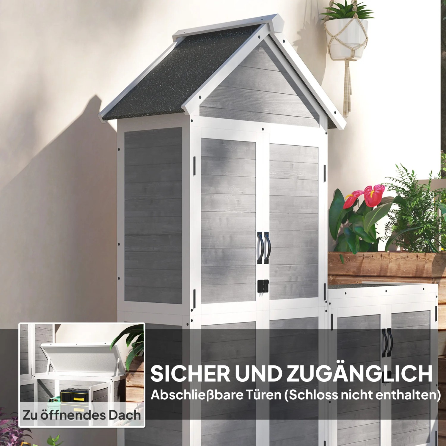 Outsunny Gartenschrank aus Tannenholz, hellgrau, mit abschließbaren Türen für Werkzeug und Gartenzubehör.
