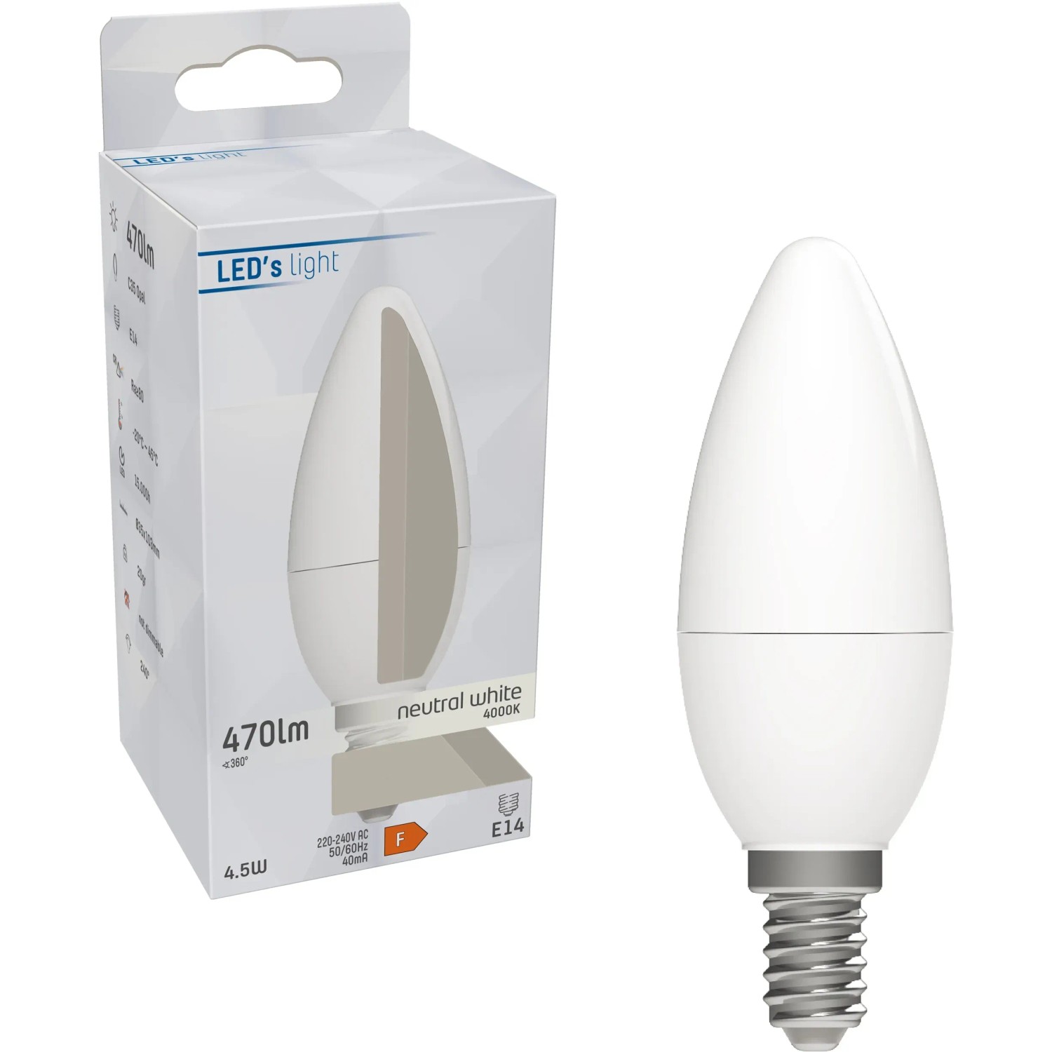 E14 LED Leuchtmittel in Kerzenform, 4,9 W, neutralweißes Licht.
